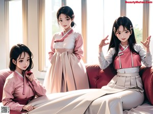 A woman in a blue and white hanbok poses for a picture.