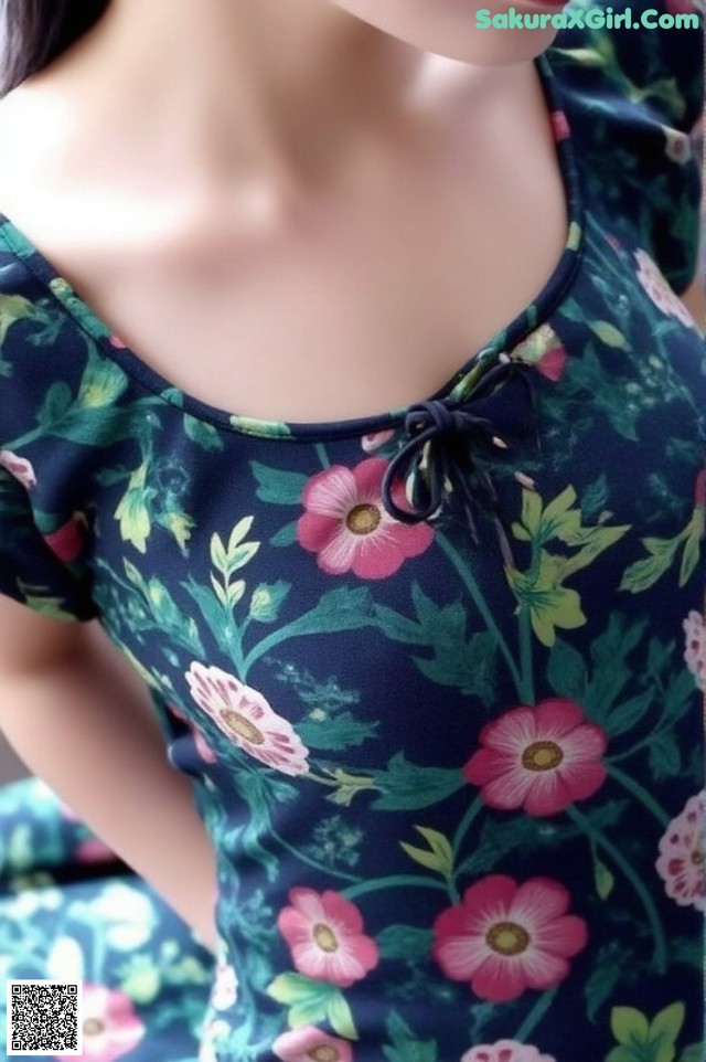 A mannequin wearing a blue dress with pink flowers on it.