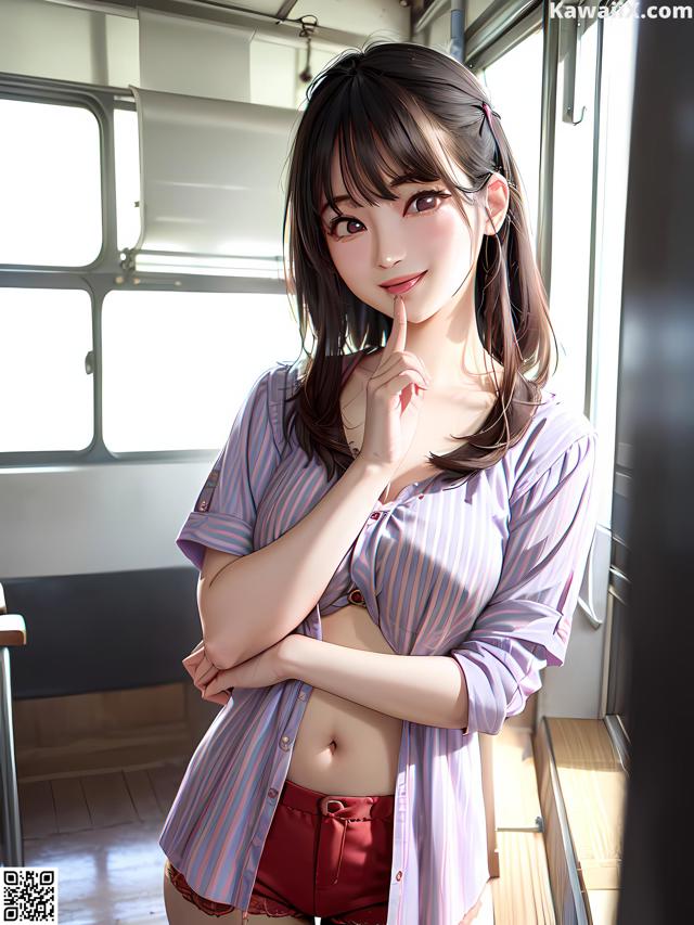 A woman in a striped shirt and red shorts posing for a picture.