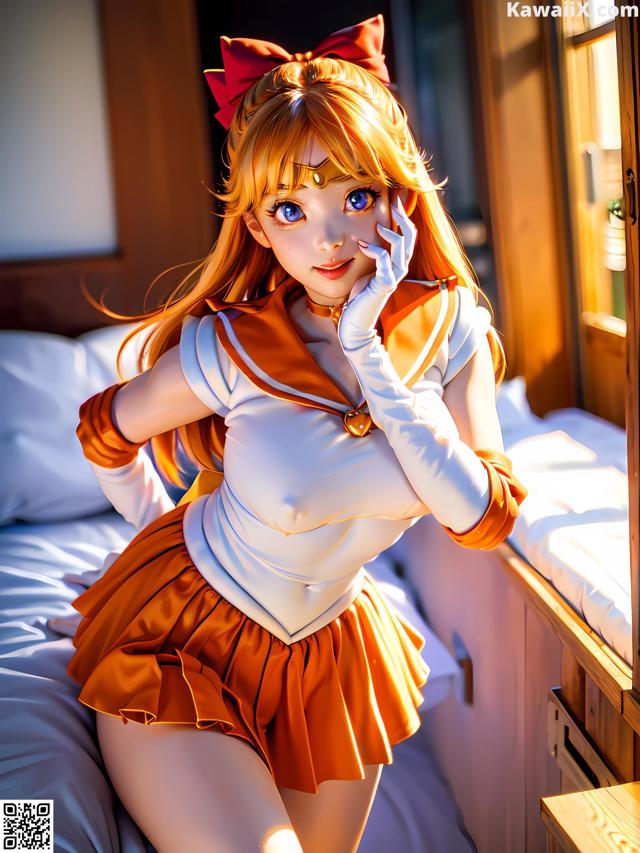 A woman in a sailor outfit sitting on a bed.