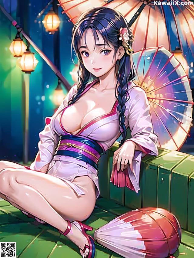 A woman in a kimono sitting on a bench with an umbrella.