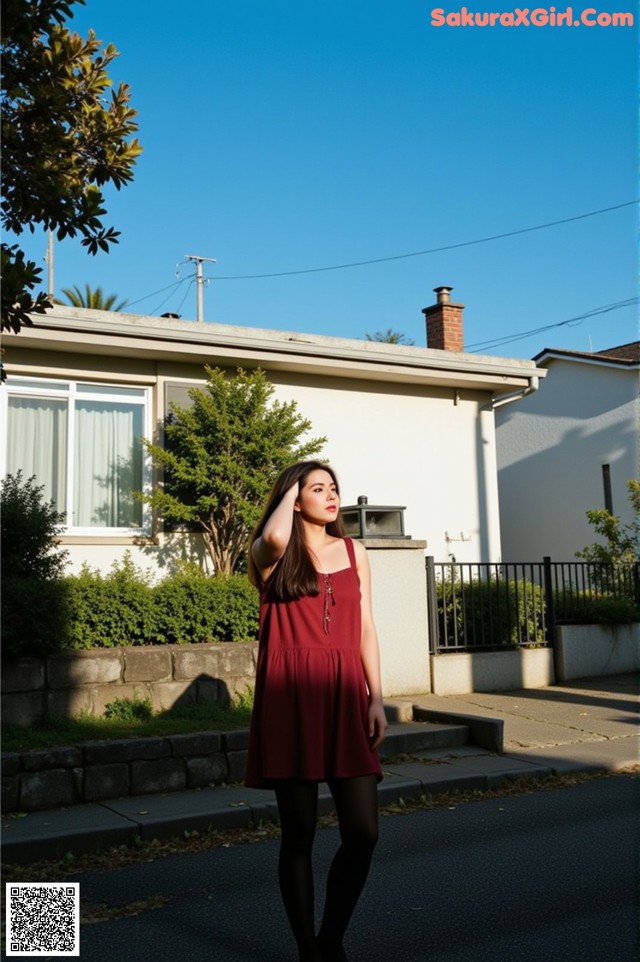 A woman in a red dress standing in front of a house.