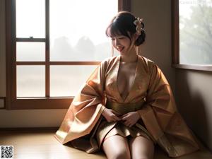 A woman in a kimono sitting on a bed.