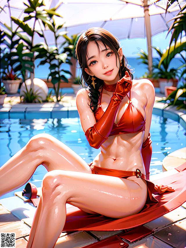A woman in a red bikini sitting by a pool.