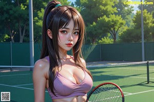 A woman holding a tennis racket on a tennis court.