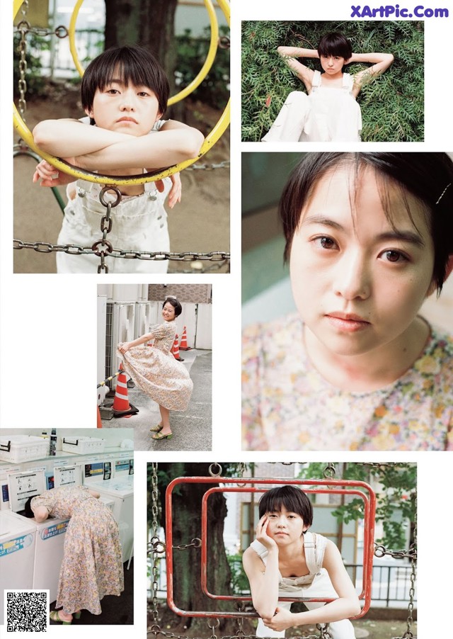 A collage of photos of a woman sitting on a swing.