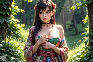 A woman in a kimono posing next to a tree.