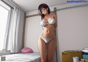 Anime girl with long black hair is posing naked.