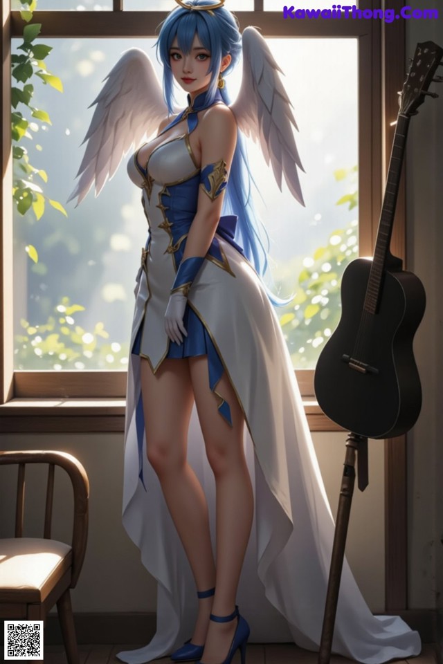 A woman dressed as an angel standing next to a guitar.