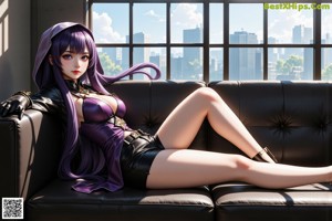 A woman with long purple hair is posing for a picture.