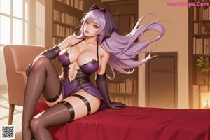A woman with purple hair wearing a black lingerie and a crown.
