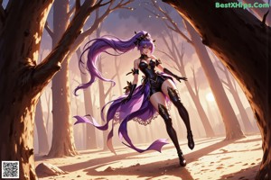 A naked anime girl with purple hair and a crown on her head.