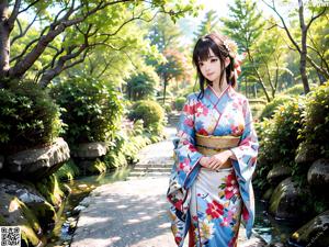 A woman in a blue kimono sitting on the floor.