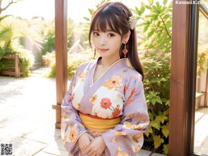 A woman in a kimono posing for the camera in a garden.