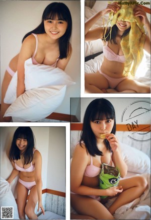 A woman in a white swimsuit leaning against a wall.