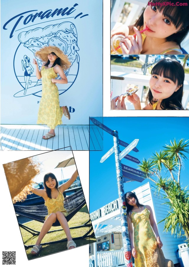 A collage of photos of a woman in a yellow dress and straw hat.