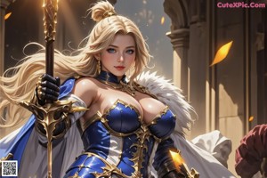 A woman in armor holding a sword in front of a castle.