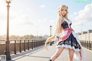 A woman with long blonde hair wearing a white top and black skirt.