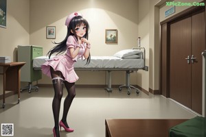 A woman in a nurse outfit sitting on a bed.