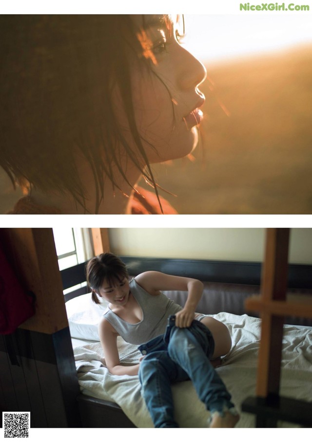 A woman sitting on top of a bed next to a window.