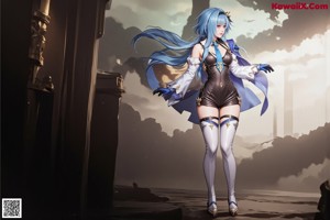A woman with long blue hair standing next to a body of water.