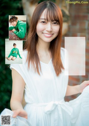 A collage of photos of a woman in a white dress.