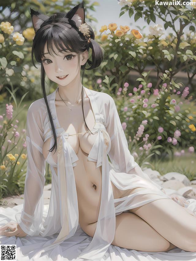 A woman in a white kimono sitting on a blanket in a garden.