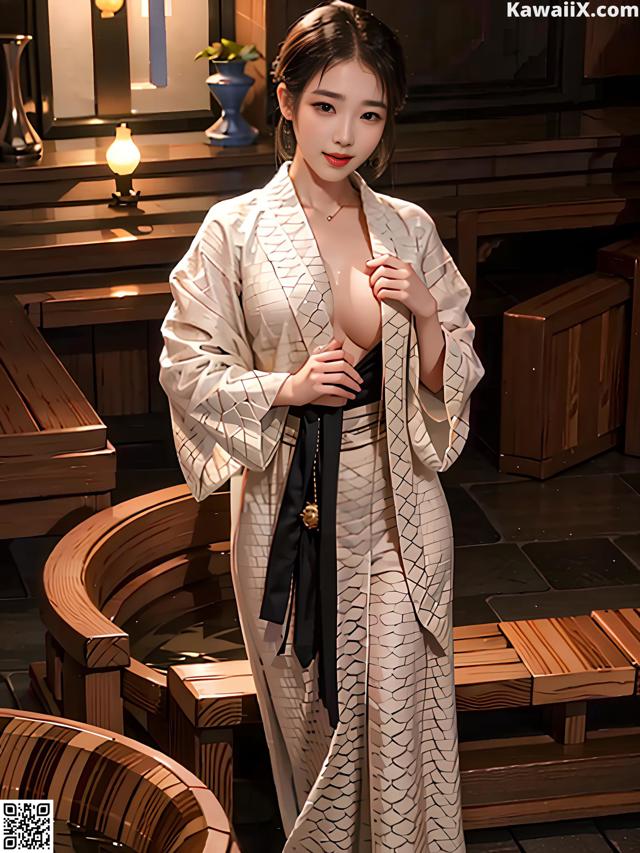 A woman in a kimono standing in a room.