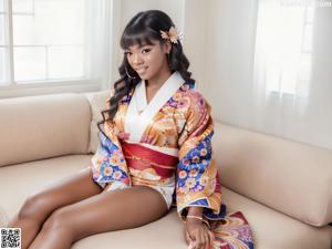 A woman in a blue and orange kimono posing for the camera.