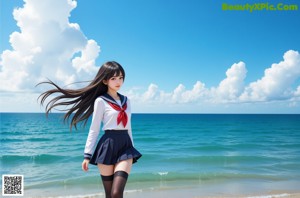 A woman in a school uniform posing in front of a tree.