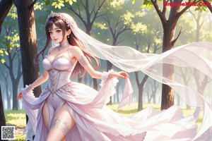 A woman in a wedding dress standing in the woods.