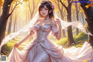 A woman in a wedding dress standing in the woods.
