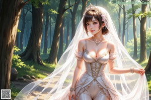 A woman in a wedding dress standing in the woods.