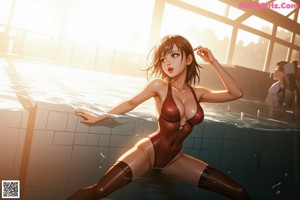 A woman in a bikini leaning against a wall next to a pool.