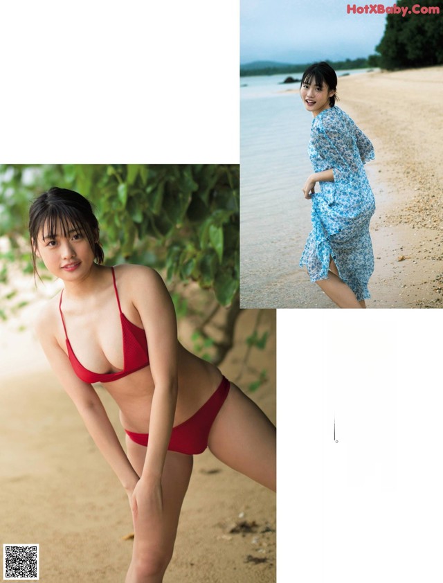 A woman in a red bikini standing on a beach.