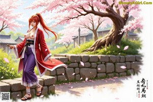 A woman in traditional attire holds a sword, standing outdoors with cherry blossoms and traditional buildings in the background.