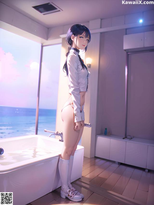 A woman standing in a bathroom next to a bathtub.