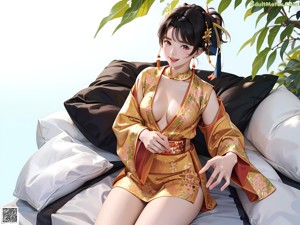 A woman in a kimono sitting on a bed.