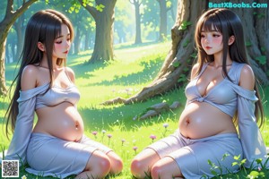 A pregnant woman sitting under a tree in the grass.