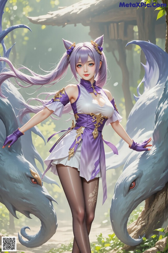 Hentai - Sovereign of Lightning in Exquisite Garb Set.2 20250126 Part 3 No.e70c24 A woman in a purple dress standing next to two blue dragons.