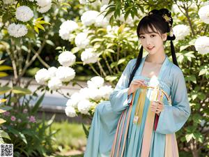 A woman in a pink and blue hanbok holding a flower.