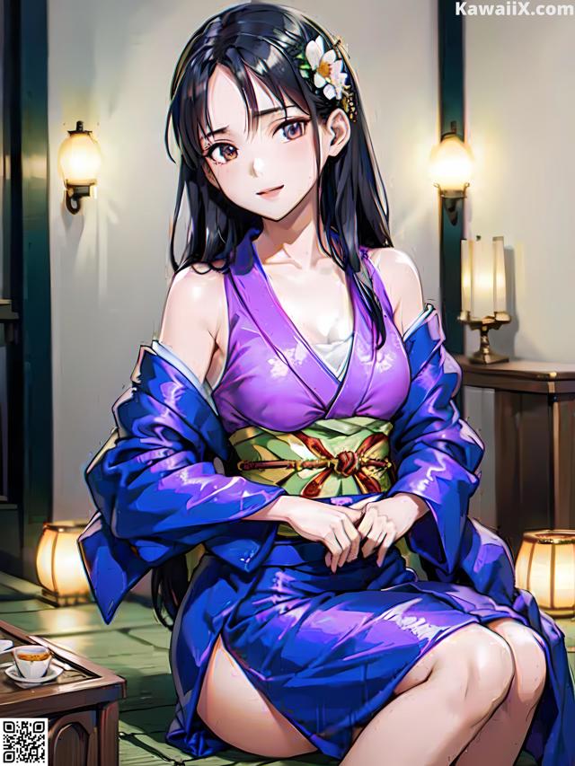 A woman in a purple kimono sitting on the floor.