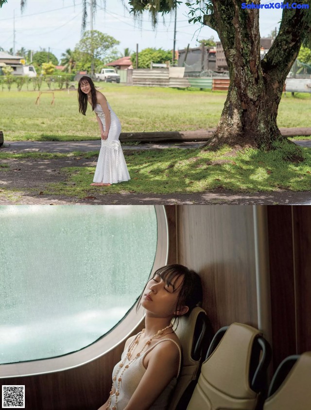 A woman in a white dress sitting on a train.