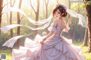 A woman in a wedding dress walking through a forest.