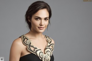 A woman in a black and white bra posing for a picture.