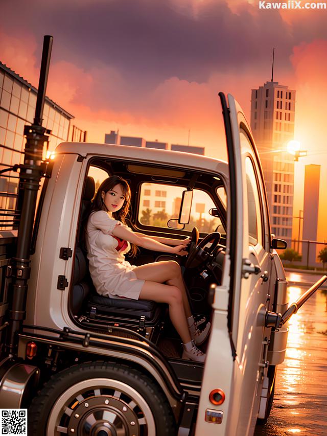 A woman sitting in the driver's seat of a truck.