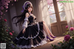 A woman with long black hair wearing a purple dress.