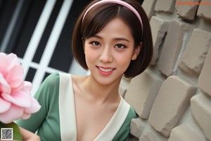 A woman in a pink bra top and blue overalls posing for a picture.