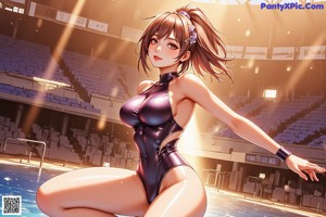 A woman in a black bathing suit sitting in a pool.