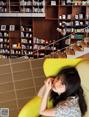 A woman standing in front of a window next to a book shelf.